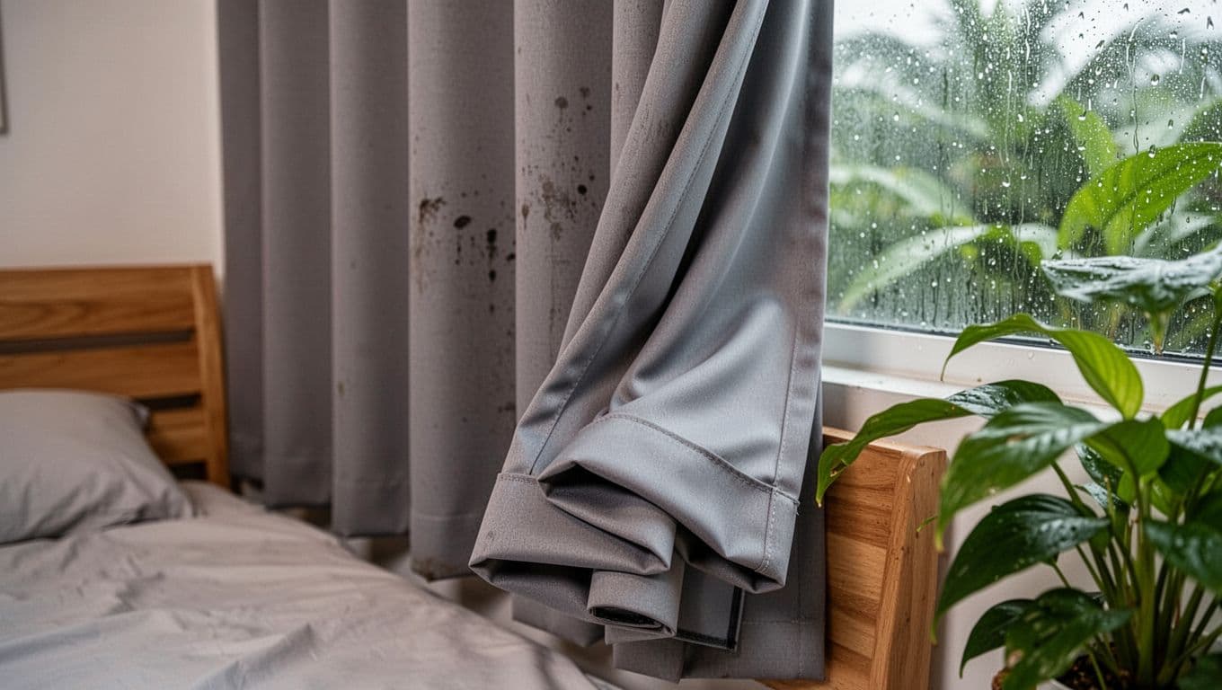 低預算訂製窗簾:遮光等級怎麼選睡得香 Close-up of high-quality polyester fabric curtain in neutral gray tones, featuring smooth texture, blackout coating, and natural folds in a modern Taiwanese bedroom with humid tropical elements like condensation and plants.