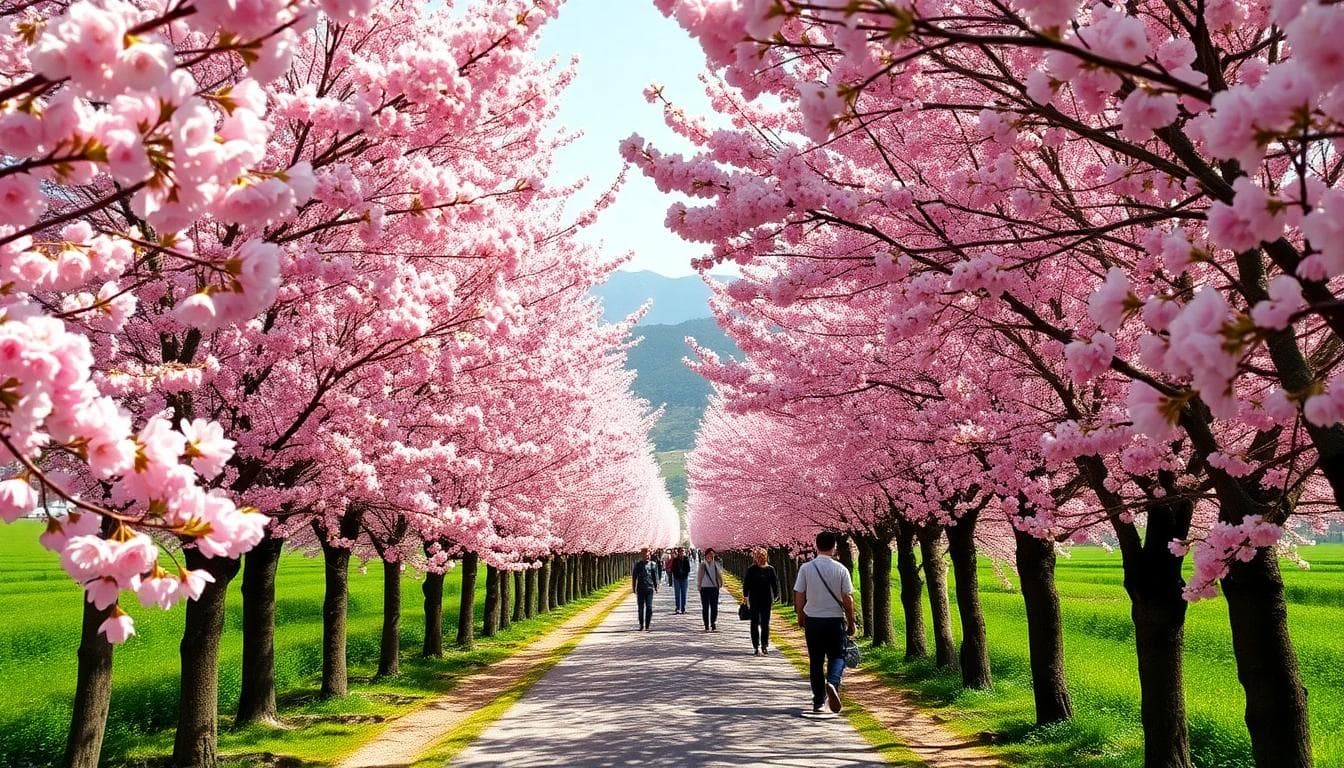 武陵農場粉紅櫻花河，花道與遠山相映，AI生成影像
