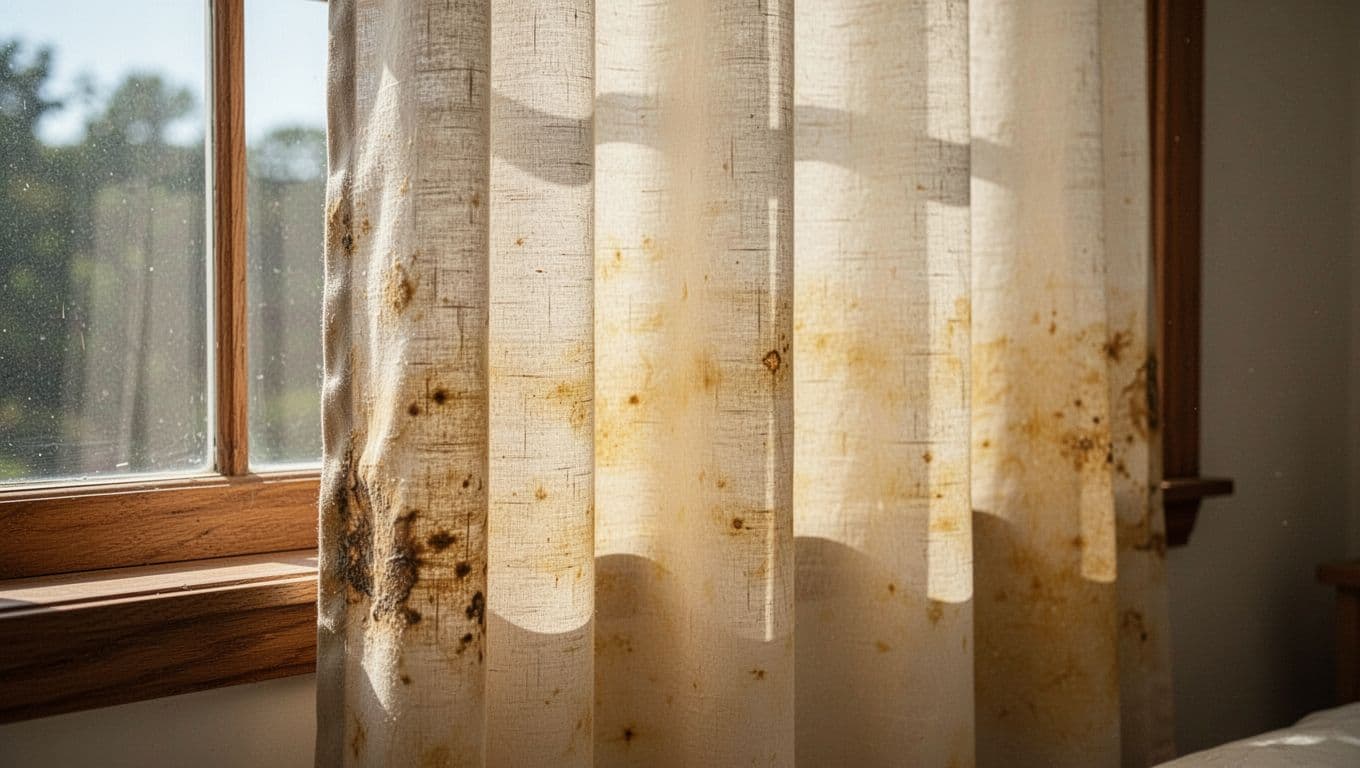 Photorealistic close-up of a single light-colored curtain panel in cream and milky tea shades hanging in a sunny bedroom window, featuring yellowing effects, darker patches, uneven washing texture, and detailed fabric weave under natural side daylight.