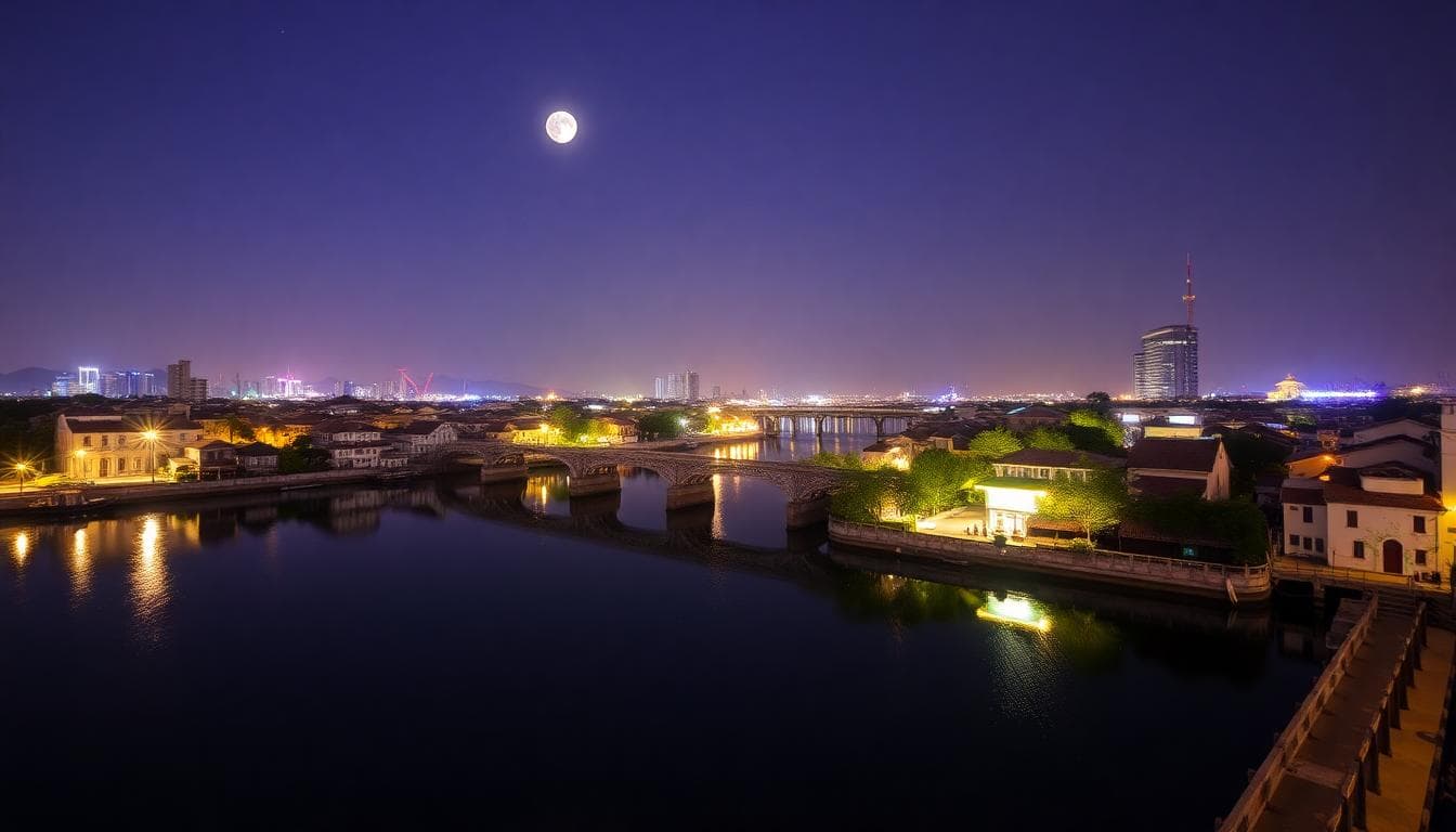 一位年輕人站在廣闊草原上,仰望夜晚天空中的滿月,月亮周圍浮現射手座弓箭符號,背景有遠山和星空,溫暖橙黃色調營造樂觀平靜氛圍