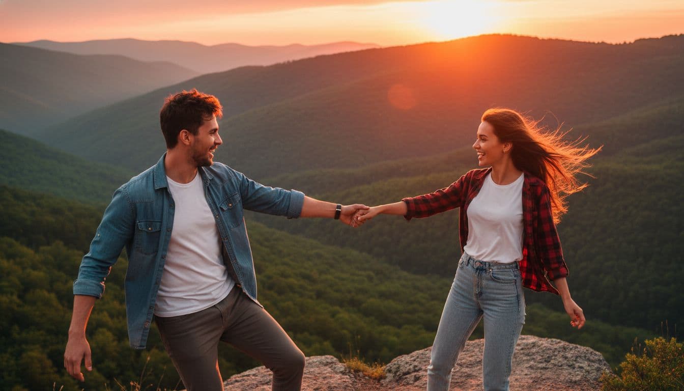 A young couple on an adventurous date, holding hands at a cliff edge overlooking a valley at sunset, with vibrant energy and romance.
