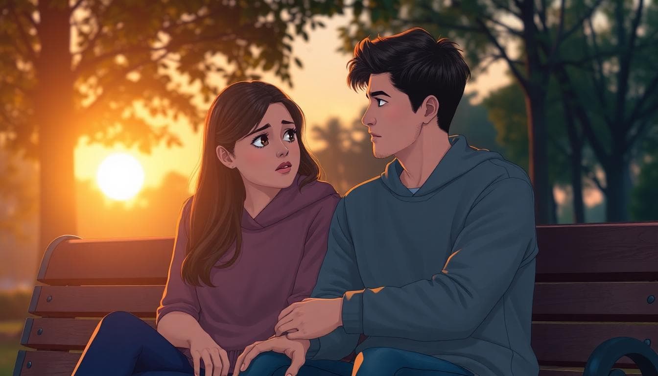A couple sitting on a park bench at sunset, one person looking nervously at the other with a sincere expression