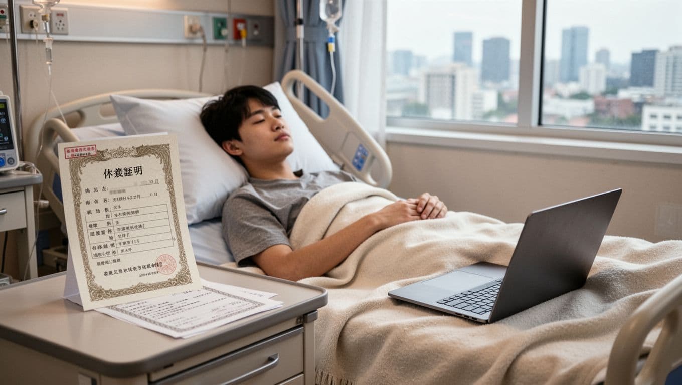 接案者住院不能工作,勞保傷病給付申請步驟全解析 A young freelancer lies relaxed in a hospital bed post-surgery, with a doctor's rest certificate and closed laptop on the bedside table symbolizing inability to work, city view through window, soft lighting evoking hope.