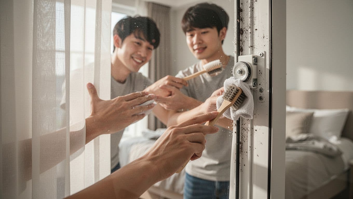 一位年輕男子在明亮臥室，用手輕拉測試窗簾滑動順暢，另一手持軟布清潔軌道槽口灰塵，用舊牙刷刷洗滑輪，軌道乾淨無損壞布料順利滑行，前景聚焦拉動和清潔動作軌道滑輪清晰，背景模糊床鋪窗戶自然光，溫暖舒適心情。