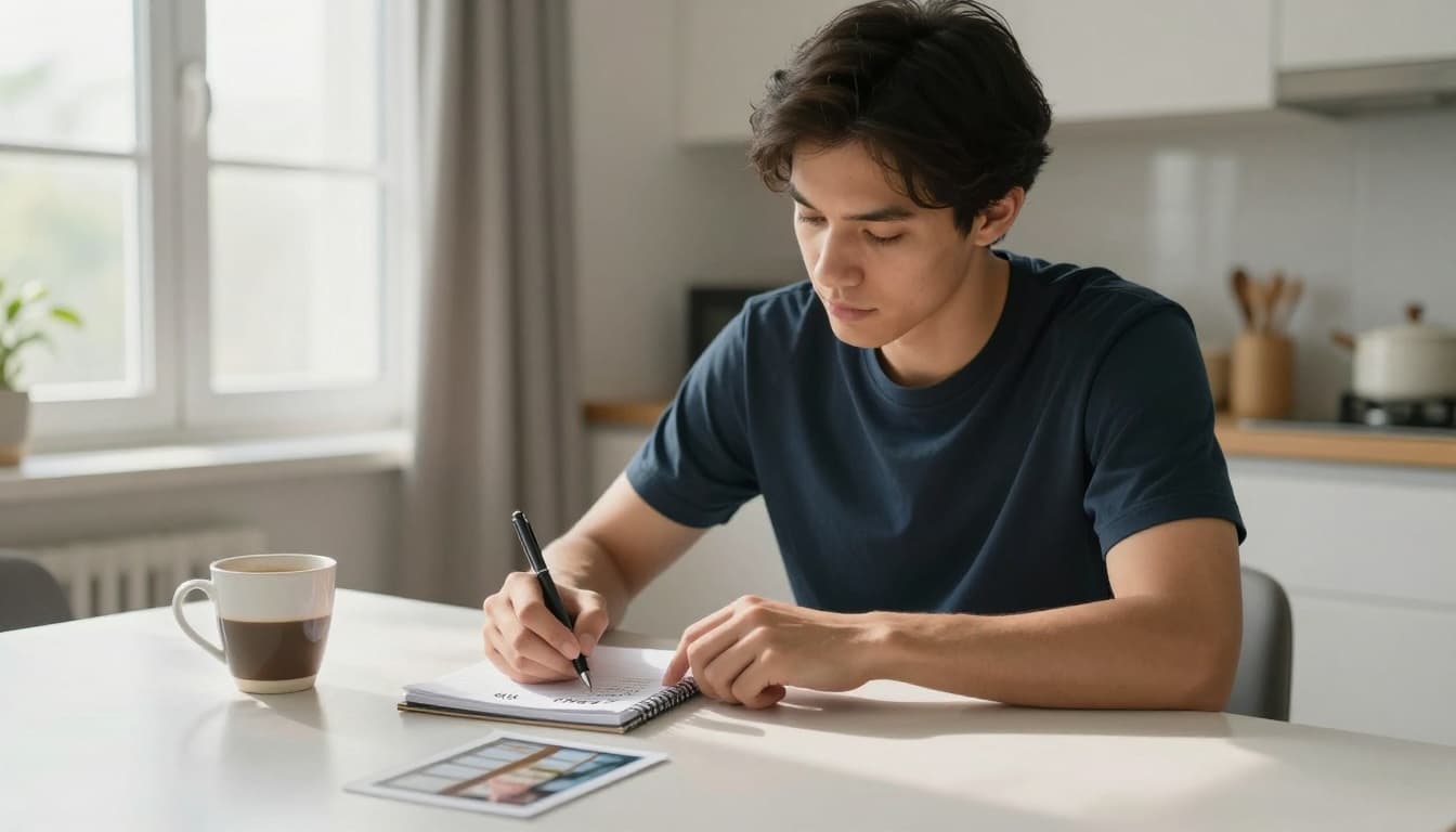 A young man sits at a dining table in a bright modern kitchen, writing a list of curtain needs such as shading, soundproofing, and insulation on a notebook, with a coffee cup and window photo nearby, bathed in warm afternoon sunlight.