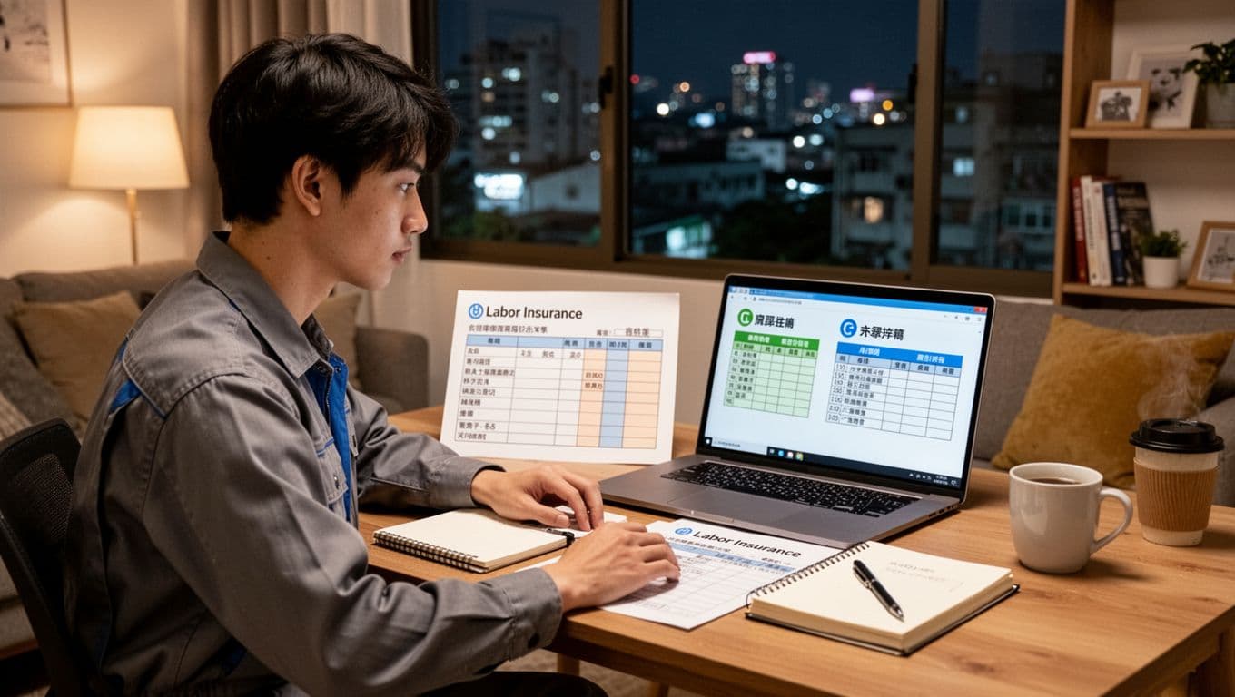 A young Taiwanese male in casual work clothes sits relaxed at a home desk with two printed shift schedules from different part-time jobs, viewing labor insurance details for two units on his laptop. Cozy apartment background features an urban Taiwan night view through the window, with notebook and coffee mug nearby.