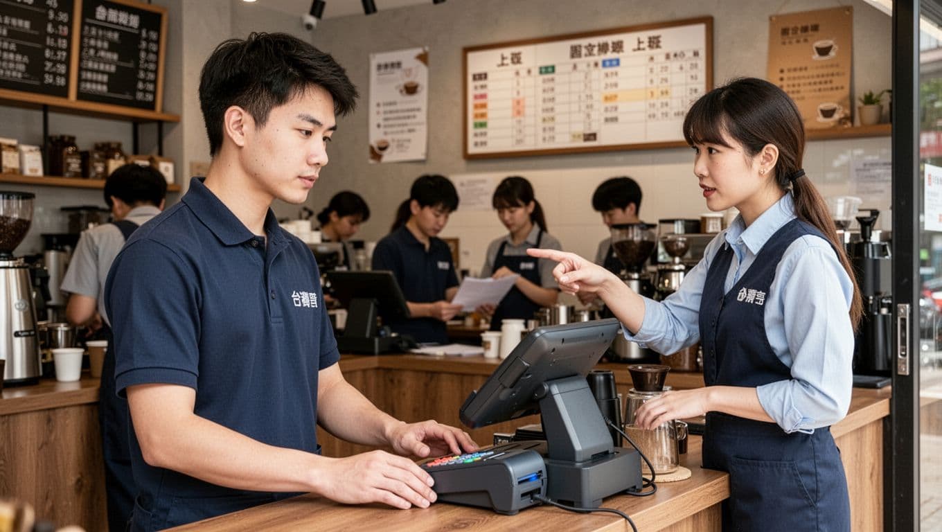 A young Taiwanese male worker in uniform clocks in at a coffee shop storefront using the POS machine to process orders, with his supervisor directing nearby. The background features a busy interior, shift schedule on the wall, realistic photography style with bright natural light and professional Taiwanese street shop atmosphere.