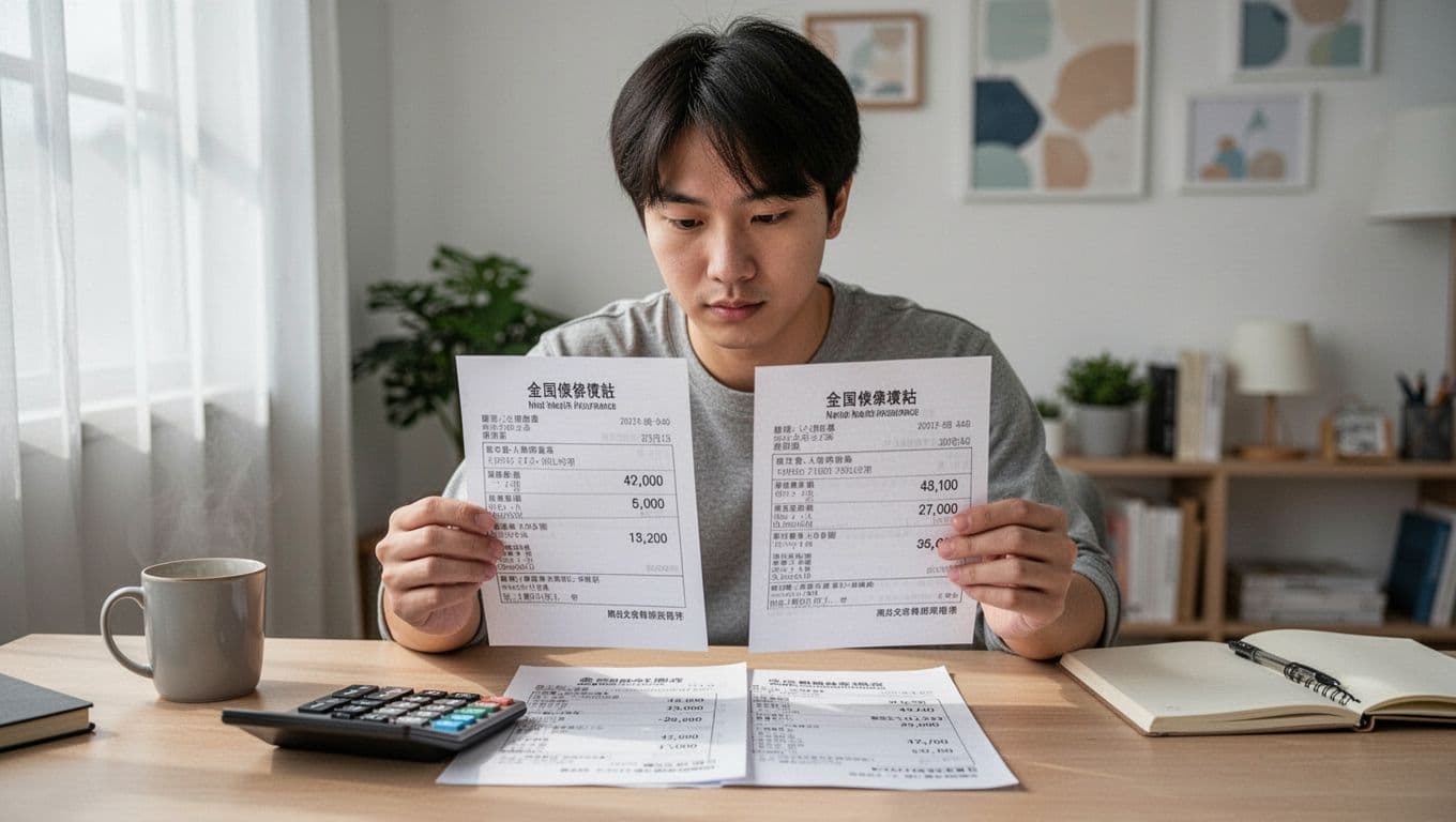 工會退保後健保身分怎麼變?3種接續方法一次搞定 A realistic scene of a young Taiwanese adult at a home desk carefully comparing two national health insurance payment slips side by side, with a calculator nearby and focused expression, in a clean modern Taiwanese home interior.