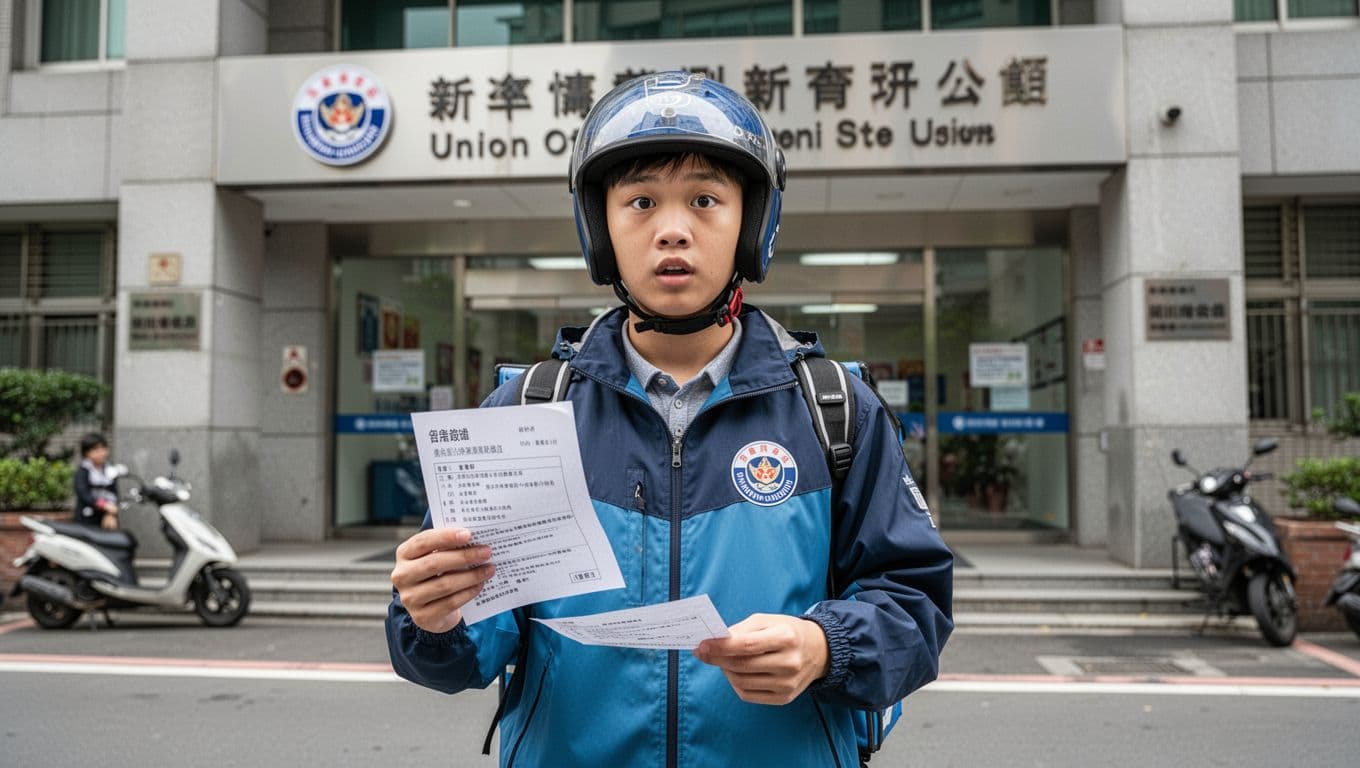 A young Taiwanese delivery rider wearing a helmet and jacket stands outside a union office building entrance, loosely holding union membership papers with one hand relaxed at his side. Photorealistic scene with a modern Taiwanese building, parked scooter, and daytime natural light, featuring a curious expression on exactly one person.