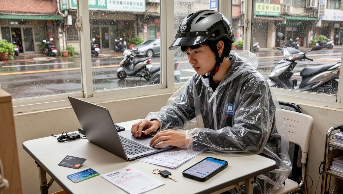 A young Taiwanese delivery worker wearing a raincoat and helmet sits at a simple desk in a small Taipei apartment, seriously calculating monthly expenses and rest-period savings with a notebook and calculator. The table features a labor insurance card, scooter keys, and a phone running a delivery app, with a background window showing a wet post-rain street and parked scooter.