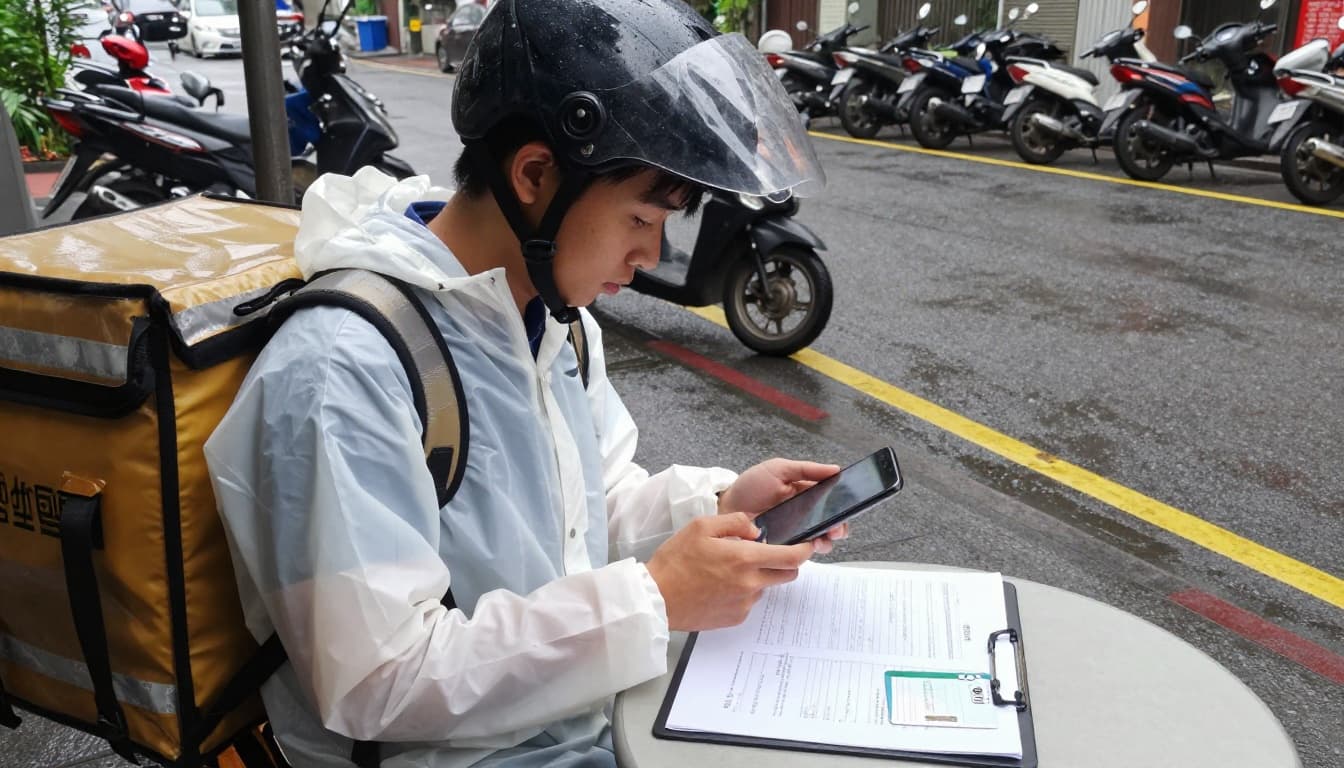 A young Taiwanese delivery worker wearing a raincoat and helmet sits relaxed on a roadside bench, examining a phone screen displaying an insurance summary, with labor and health insurance cards on the table nearby. Background features Taipei streets with parked scooters and wet pavement after rain, in a realistic photo style with bright natural light and urban daily atmosphere.