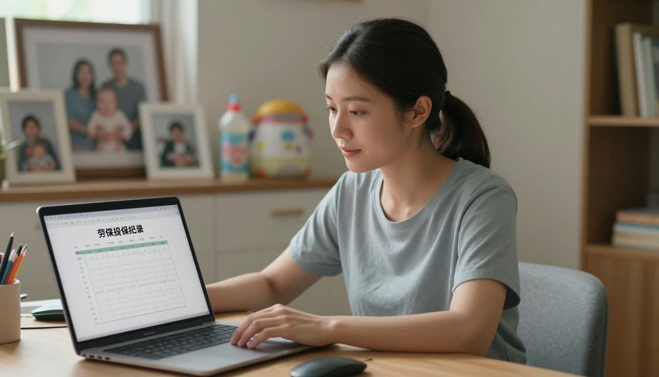 接案媽媽生育給付怎麼領:條件、金額與申請流程全解析 A young Taiwanese freelance mother sits focused at her cozy home desk, viewing labor insurance records on her laptop with a relieved expression and hand on the mouse. The background features family photos and baby items under warm natural light, in a realistic style with sharp foreground and soft background.