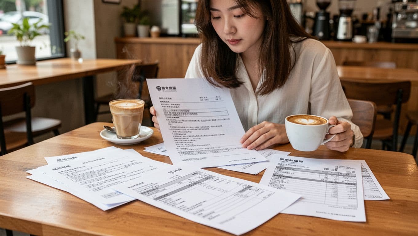 工會加保期間必留證明清單:一份搞定所有查核 一位年輕台灣女性自由工作者在咖啡廳桌子上查看工作收入證明文件,包括接案合約影本、發票收據、請款單、客戶對帳單和平台接案紀錄截圖,所有文件散開但整齊,一手持咖啡杯輕放桌邊,背景咖啡廳環境柔焦自然光,明亮休閒氛圍,寫實高細節攝影,僅一人無他人,文件無可讀文字僅抽象線條,前景文件突出,無水印。