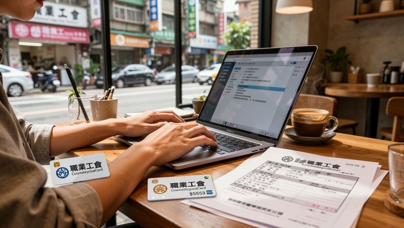 接案者意外失能,勞保能給多少保障? A young Taiwanese freelancer works on a laptop in a cozy coffee shop with Taipei street views, table featuring professional union labor insurance card and policy documents shown via abstract symbols, hands naturally on keyboard, bright natural light, warm tones, realistic professional photography.