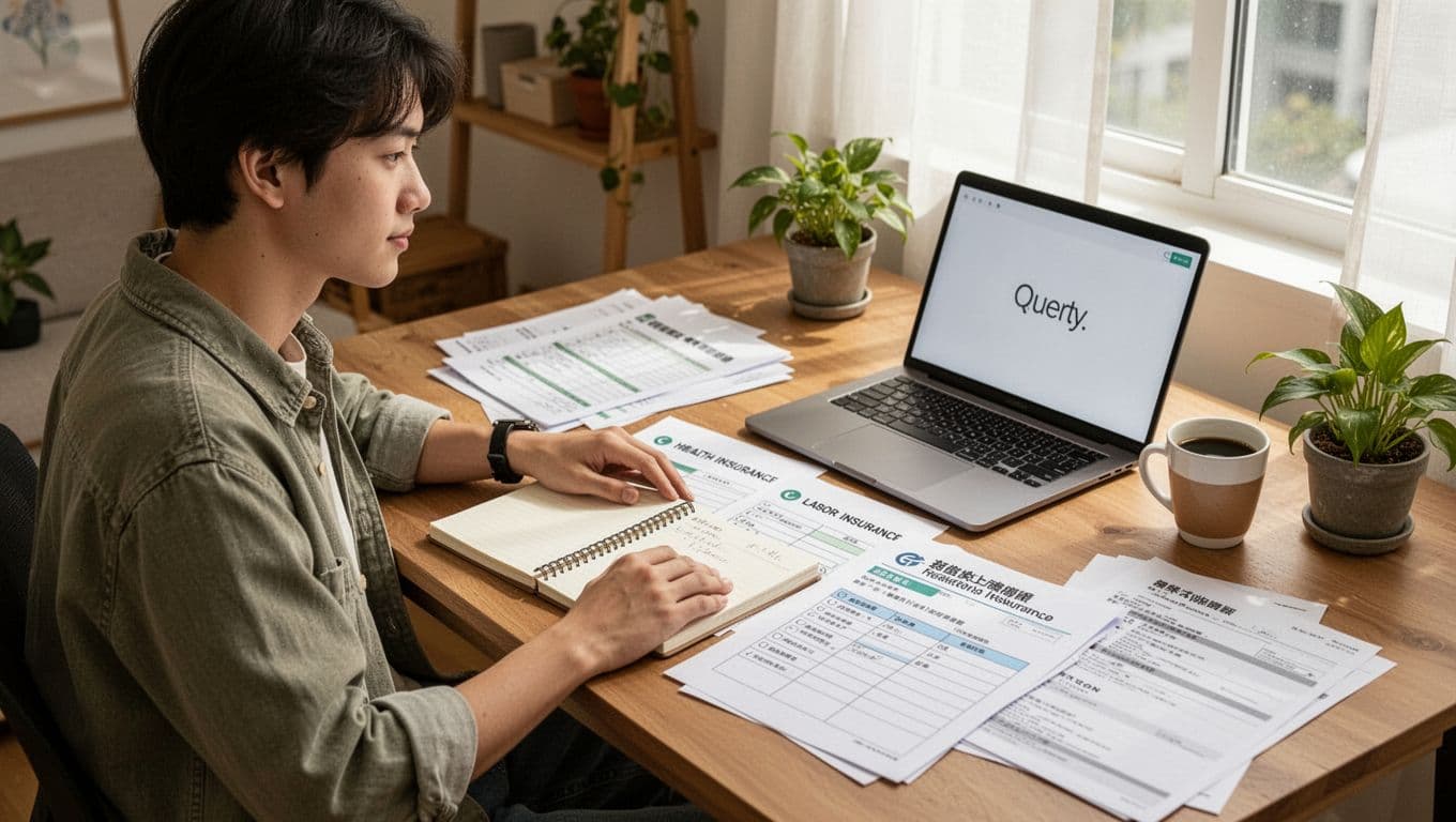 A young Taiwanese freelance worker in casual clothes sits relaxed at a cluttered home office desk with health, labor, and pension insurance papers, laptop showing a query screen, notebook, coffee cup, and plant, bathed in bright natural light for a warm cozy photorealistic mood.