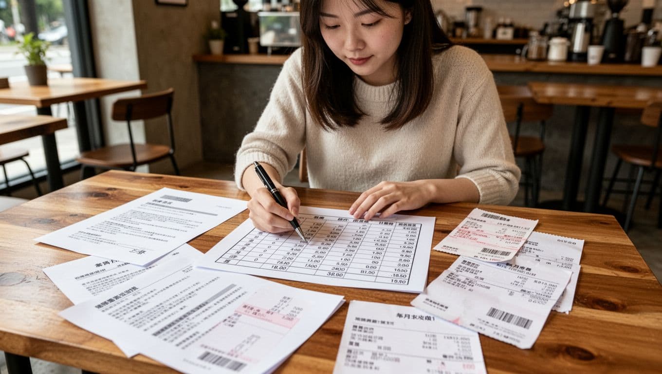 工會加保期間必留證明清單:一份搞定所有查核 A young Taiwanese female freelancer at a wooden coffee shop table reviews a monthly income range calculation sketch, surrounded by 3-5 abstract representative case contracts and invoice copies, pointing with a pen in soft natural light.