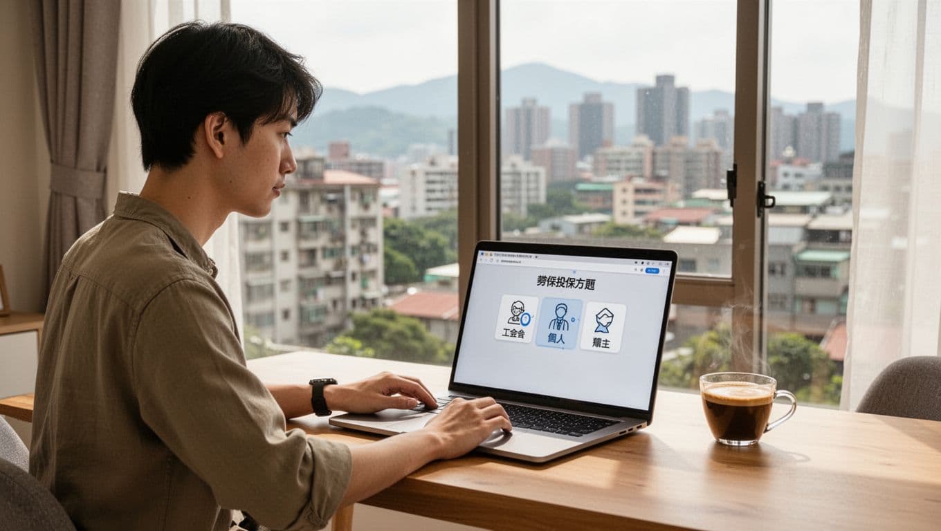 A young Taiwanese freelancer sits at a minimalist home desk with a laptop displaying labor insurance options like union, individual, and employer, alongside a cup of coffee, with a scenic Taiwan urban apartment view in soft natural light.