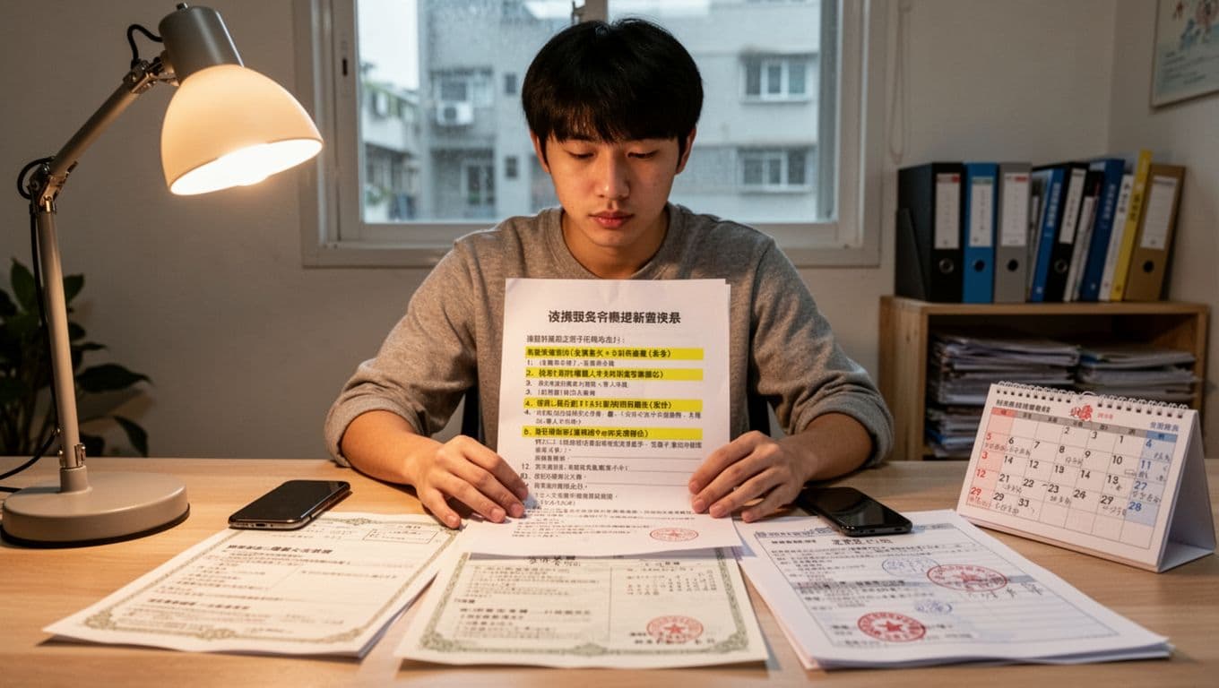 接案者住院不能工作,勞保傷病給付申請步驟全解析 A young Taiwanese freelancer in casual clothes sits at a home desk under warm lamp light, reviewing a labor insurance supplemental document notice letter with highlighted missing items, surrounded by medical certificates, phone, and calendar.