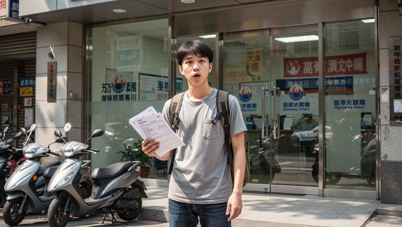 A young Taiwanese freelance worker stands curiously outside a modern union office in Taipei, loosely holding membership application forms, dressed casually with a backpack, in a vibrant daytime urban scene with a parked scooter.