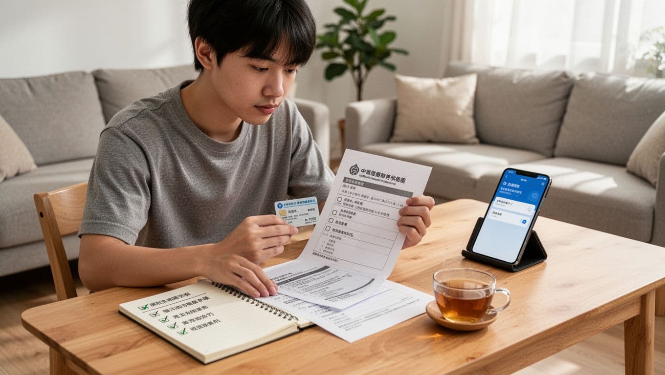 A young Taiwanese gig worker in everyday clothes sits at a simple wooden desk in a bright living room, carefully reviewing a National Health Insurance card and labor insurance query printout with checkboxes. A notebook, smartphone, and cup of tea are nearby under natural daylight in a photorealistic style.