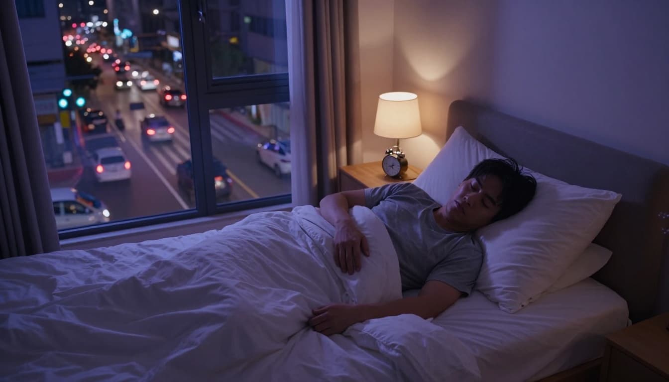 A young Taiwanese person lies exhausted on a comfortable bed attempting sleep, with a busy nighttime street visible through half-drawn curtains, car lights flashing outside contrasting the warm quiet room interior.