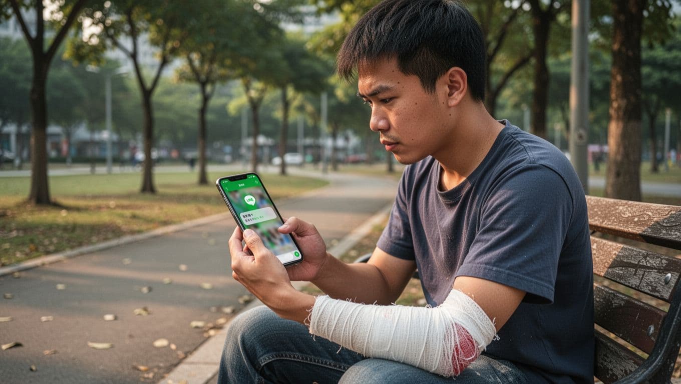 A young Taiwanese day laborer sits on a bench in an urban park, typing a message on his smartphone's LINE app with a focused expression, bandaged arm resting nearby under natural afternoon light.