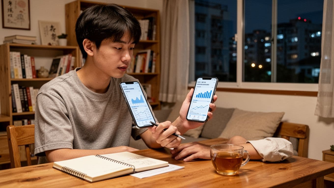 A young Taiwanese male in casual clothes sits at a wooden desk in a cozy apartment, intently checking labor insurance records on his smartphone with charts visible on screen. The scene features a notebook, tea cup, bookshelves, and window with urban night lights under soft warm evening illumination.