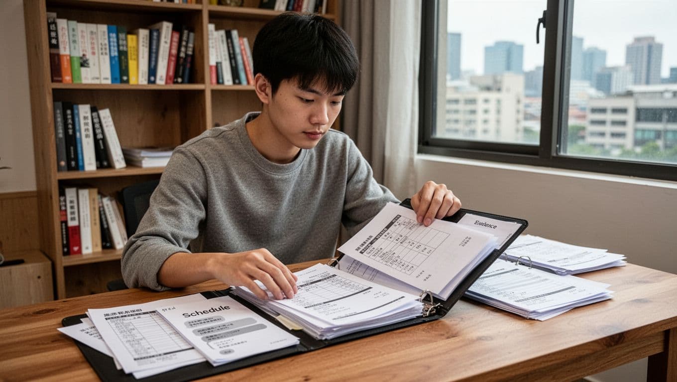 A young Taiwanese male in casual attire sits at a wooden desk in a simple home office, organizing printed evidence like shift schedules, bank receipts, chat screenshots, and attendance records into a folder. Realistic photography with natural light, focused expression, bookshelf and daytime city view background.