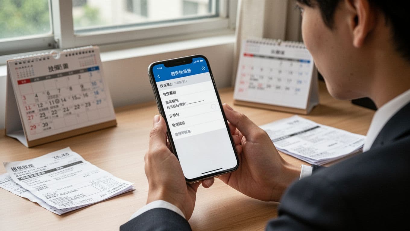 工會退保後健保身分怎麼變?3種接續方法一次搞定 A young Taiwanese office worker sits at a home desk, checking the NHI Fast Pass app on their smartphone, displaying a simplified insurance status page with natural lighting and minimal background clutter.