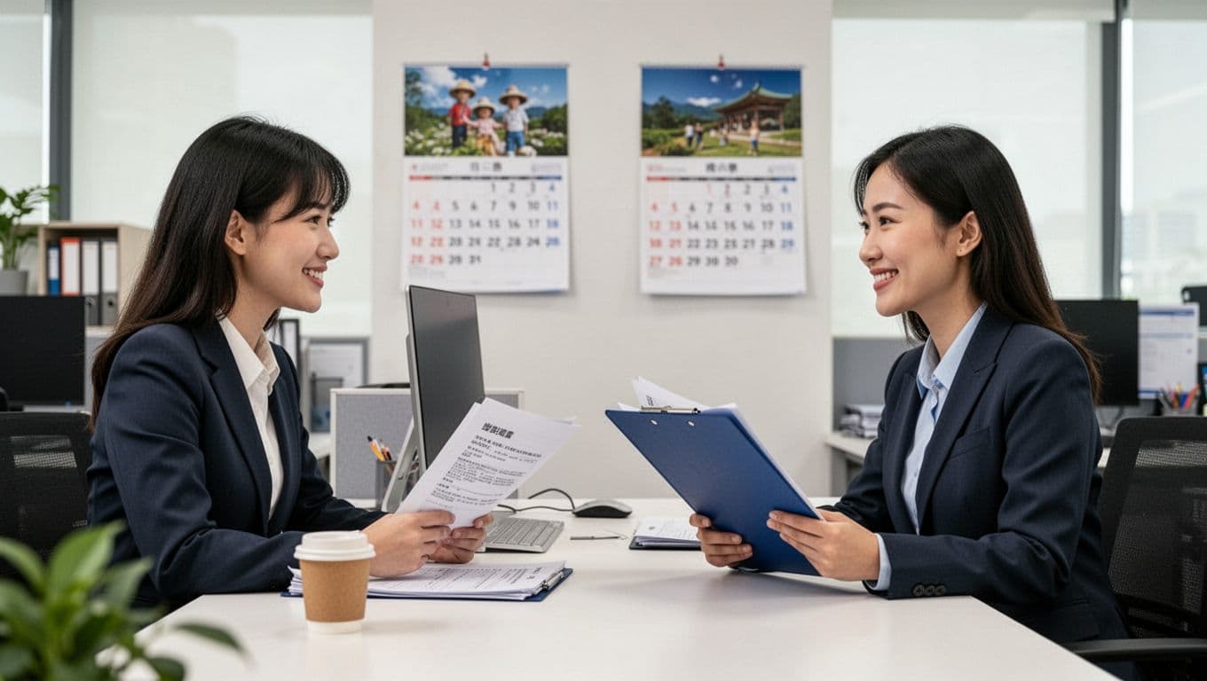 工會退保後健保身分怎麼變?3種接續方法一次搞定 A young Taiwanese office worker and HR supervisor engage in a smiling face-to-face discussion about health insurance enrollment in a modern office, with a folder, computer, and coffee cup on the desk. The scene features realistic photography with bright natural light, focused interaction, and subtle Taiwanese elements like a calendar in the simple background.