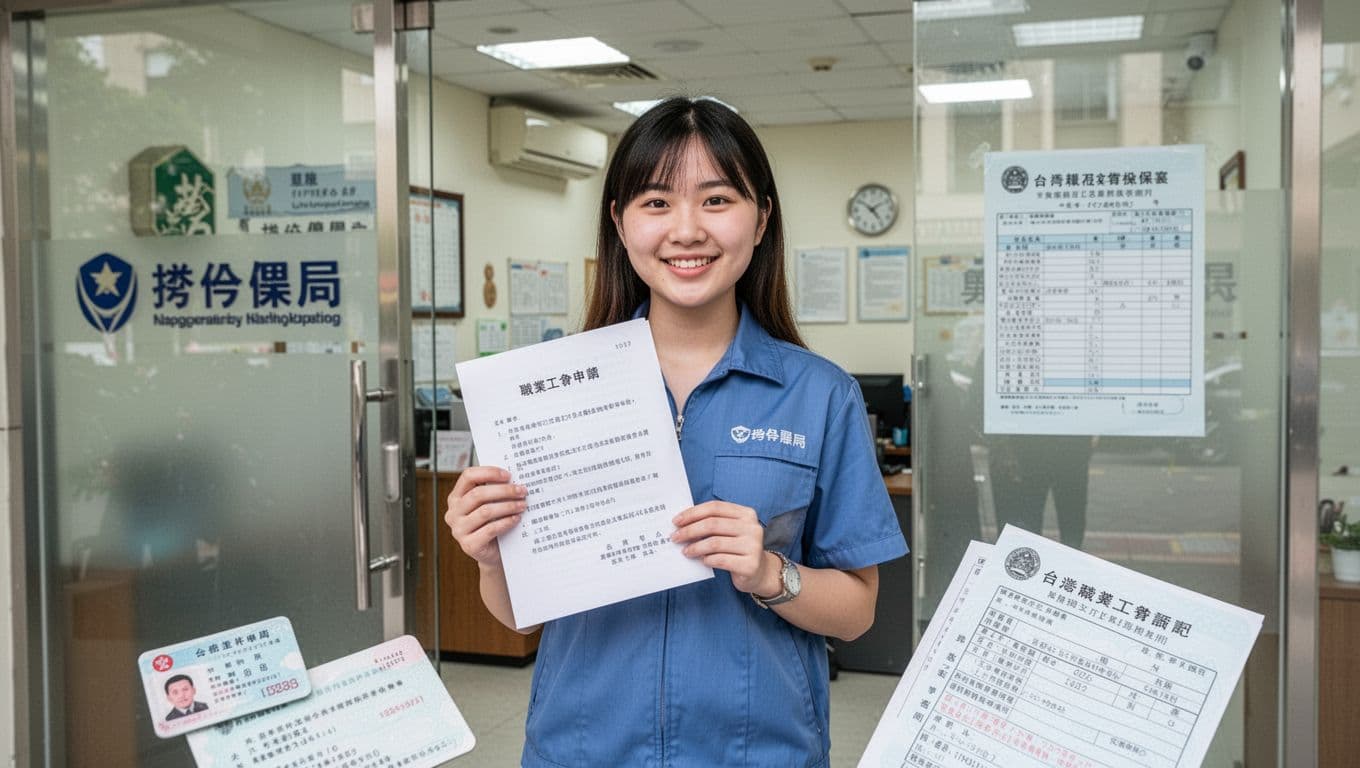 A confident young Taiwanese part-time worker holds vocational union application documents, smiling at the union office door with Labor Insurance Bureau logo and forms in the bright, clean background, and ID plus salary proofs in the foreground.