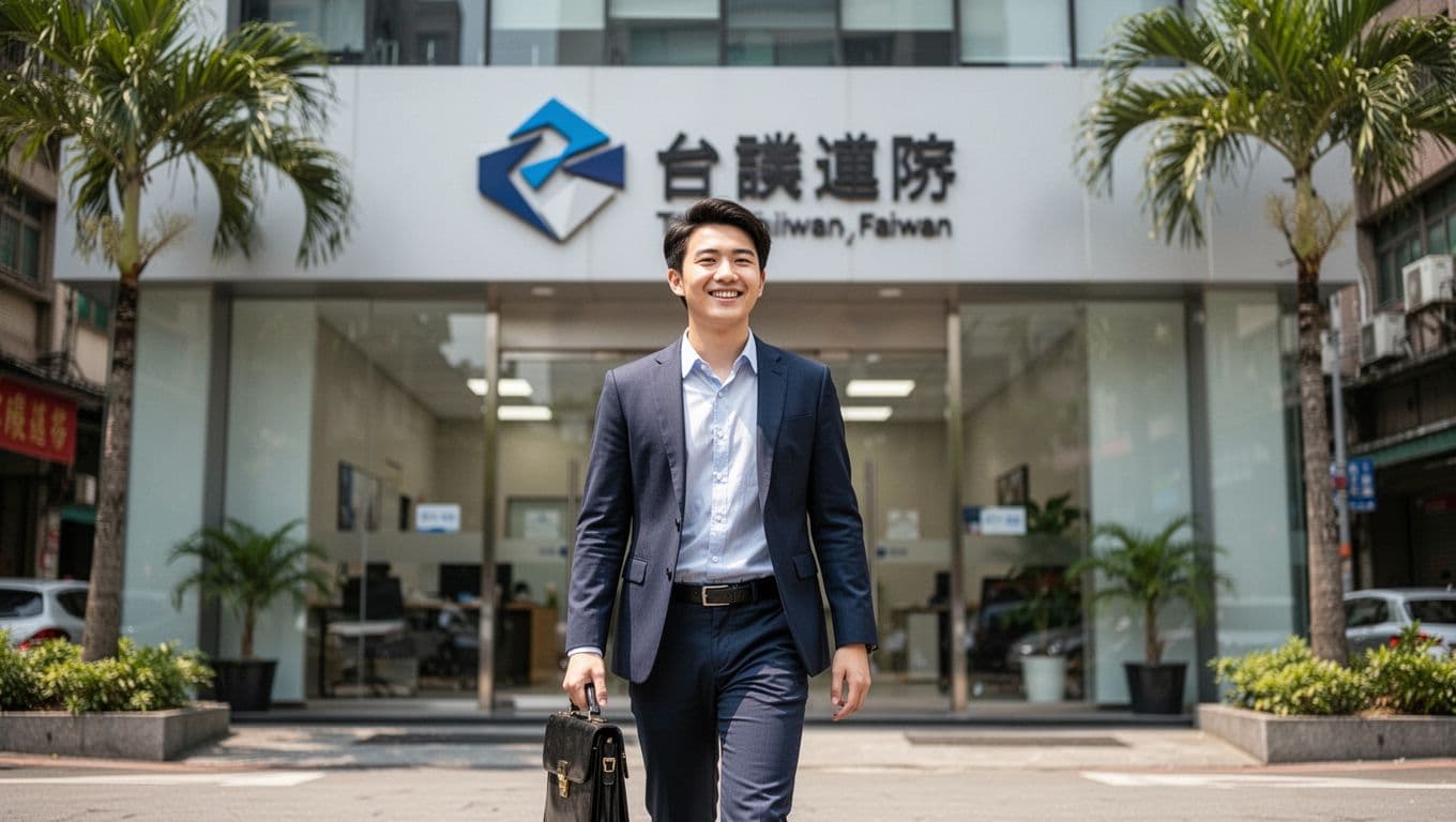 工會退保後健保身分怎麼變?3種接續方法一次搞定 A confident young Taiwanese professional in business casual attire, carrying a briefcase, smiles while entering a modern office building on their first day, with a blurred background featuring an abstract company logo and subtle urban elements like palm trees.