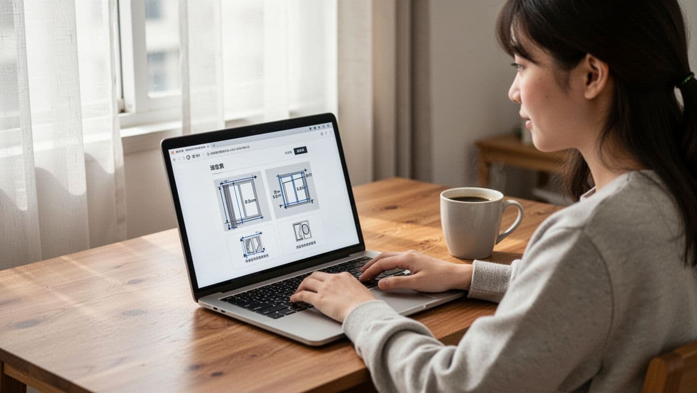 A young Taiwanese renter sits at a wooden desk in a bright apartment, browsing a curtain customization website on a laptop shown at an angle with abstract window measurement tool icons. Relaxed hands on keyboard, coffee mug nearby, natural window light in a realistic everyday scene.