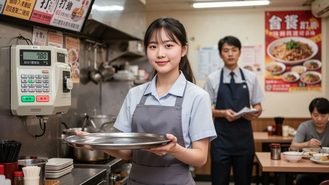 A young Taiwanese female part-time student worker in a simple uniform carries a tray serving customers in a lively local restaurant, supervised by a manager in the blurred background amid natural indoor lighting and a friendly atmosphere.