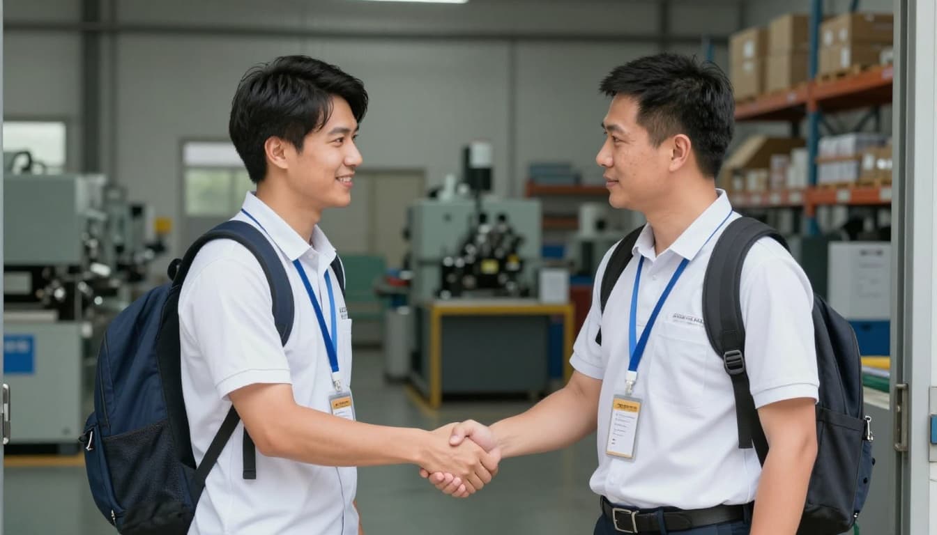 A young Taiwanese dispatch temporary worker arrives at the factory entrance for reporting, wearing a visitor badge around the neck and carrying a backpack, shaking hands with the supervisor amid a clean industrial background of machines and shelves.