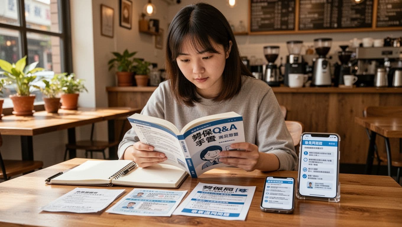 家教老師勞保投保指南:有雇主與無雇主差別 一位年輕台灣家教老師坐在台北咖啡廳的木桌前,專注閱讀一本勞保Q&A手冊,桌上擺放筆記本、身分證明文件、勞保局傳單和手機顯示常見問題列表。背景是溫馨咖啡廳環境,自然光線照射,明亮氛圍。