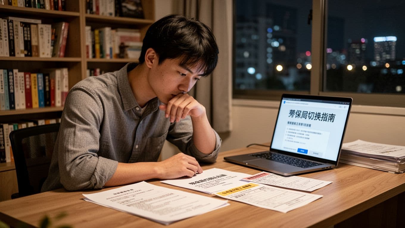 家教老師勞保投保指南:有雇主與無雇主差別 A young Taiwanese male home tutor sits at a desk in a Taipei apartment study, hands on the table, head down pondering the timing to switch labor insurance from former employer to professional union, with termination notice, application form, seniority reminder, and blurred laptop guide visible, warm lighting and city view background.