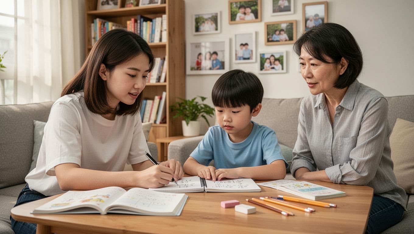 家教老師勞保投保指南:有雇主與無雇主差別 一位年輕的台灣家教老師在台北公寓的溫馨客廳裡教小學生數學,家長坐在一旁觀看,老師手持筆在筆記本上寫公式,孩子專注聽講。