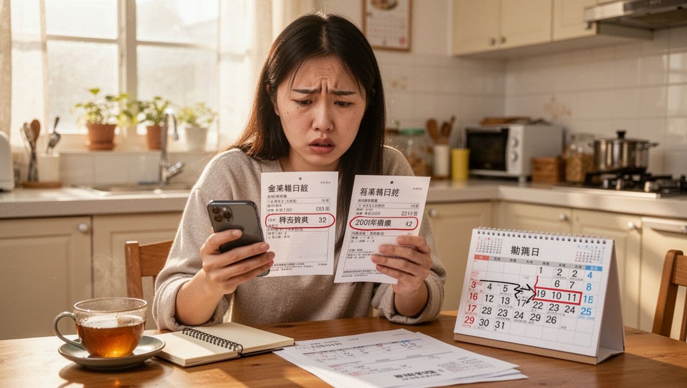 A concerned young Taiwanese woman in everyday clothes sits at a kitchen table, examining two labor insurance statements on her phone highlighting a resignation and new enrollment gap, with a calendar nearby in a cozy morning-lit apartment.