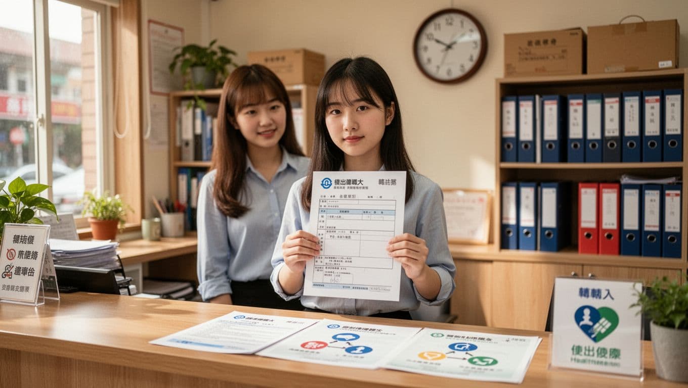 工會加保期間最容易忽略的10個小細節 In a cozy Taiwanese union office bathed in natural light, a young Taiwanese woman stands alone at the counter, naturally holding a form for health insurance unit transfer from company to union, with blurred documents showing labor and health insurance icons on the counter.