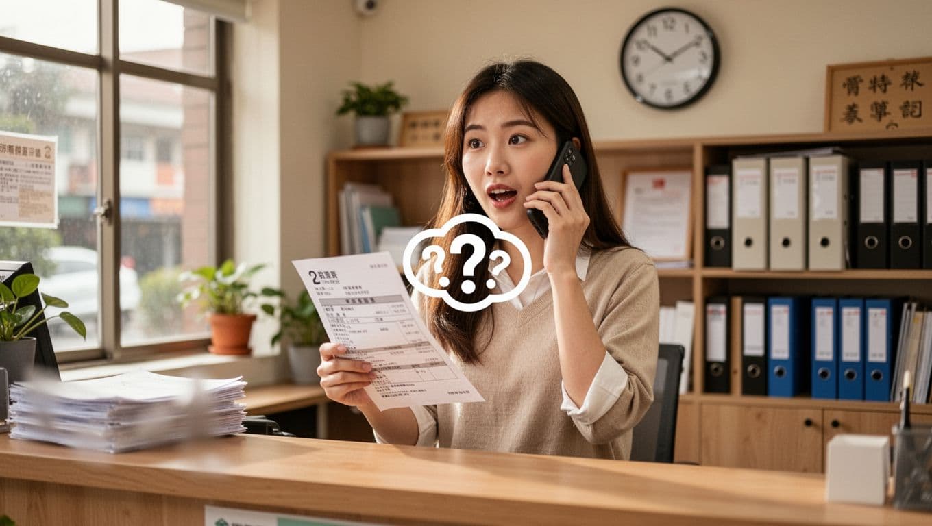工會加保期間最容易忽略的10個小細節 A young Taiwanese woman stands relaxed at a union office counter, holding a printed bill with question mark overlay while speaking on the phone to inquire about payment. The cozy office features natural light, blurred forms on the counter, shelves with folders, and a clock in photorealistic style.