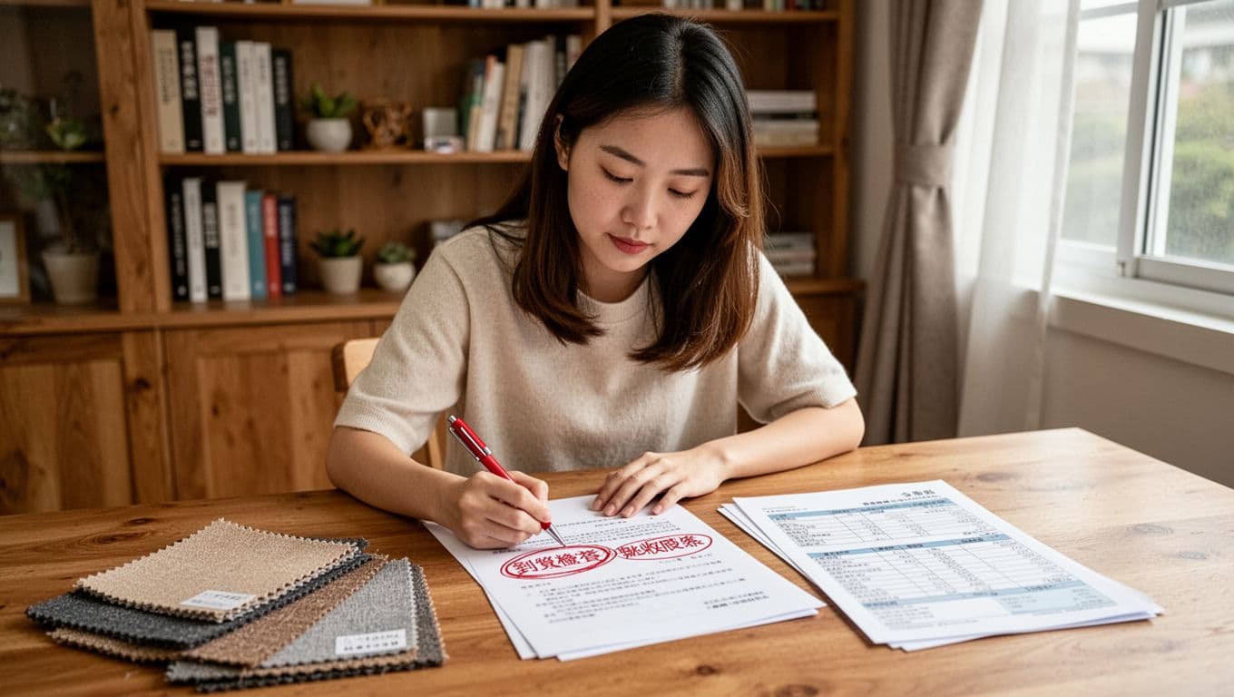 訂製窗簾報價要不要含到貨檢查?品質確認全指南 A young Taiwanese woman sits at a wooden home desk, focused on reading a custom window curtain contract, circling delivery inspection and acceptance clauses with a red pen amid fabric samples and quotes. Cozy office vibe with bookshelf and natural window light in realistic style.