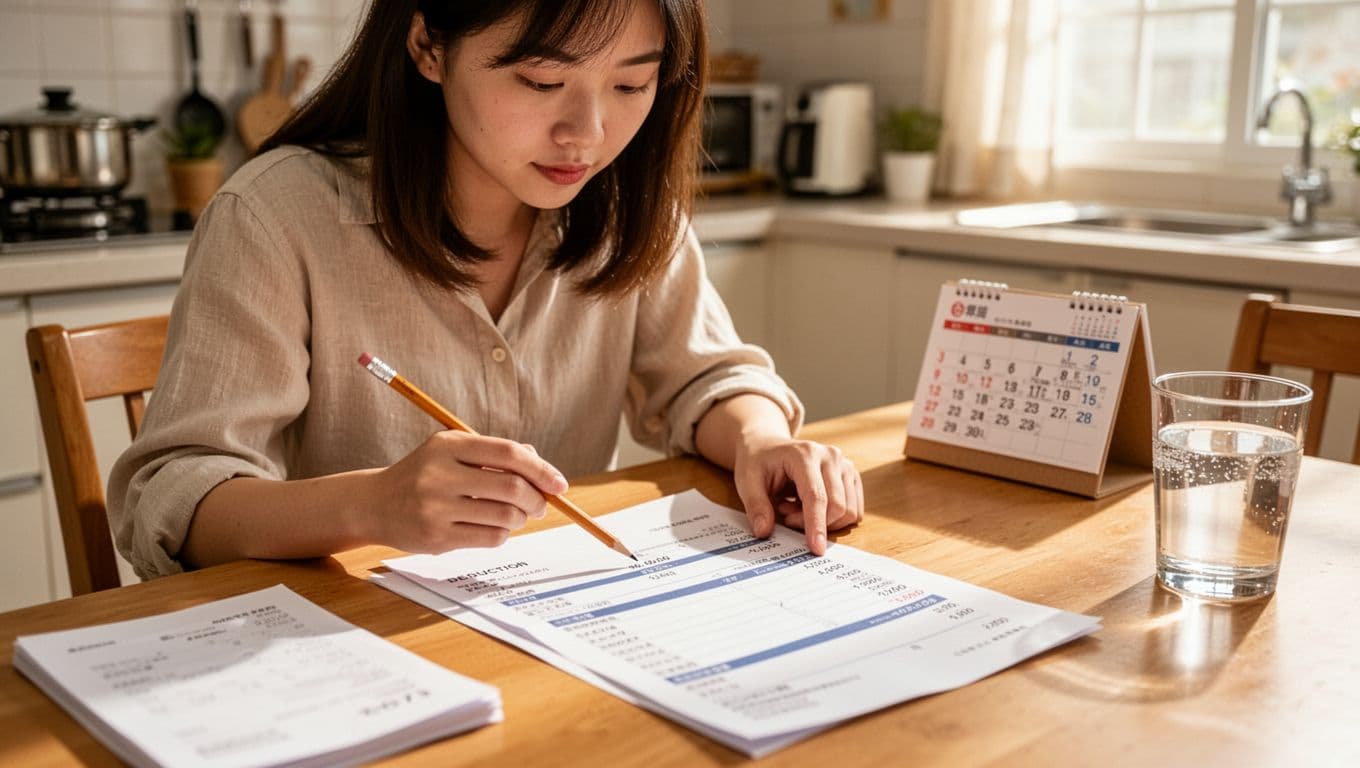 A young Taiwanese woman in everyday clothes sits at a kitchen table in a bright Taiwanese home, carefully examining a printed pay slip with a pencil pointing to the deduction section. Morning sunlight streams through the window, creating a focused yet relaxed atmosphere in realistic close-up style.