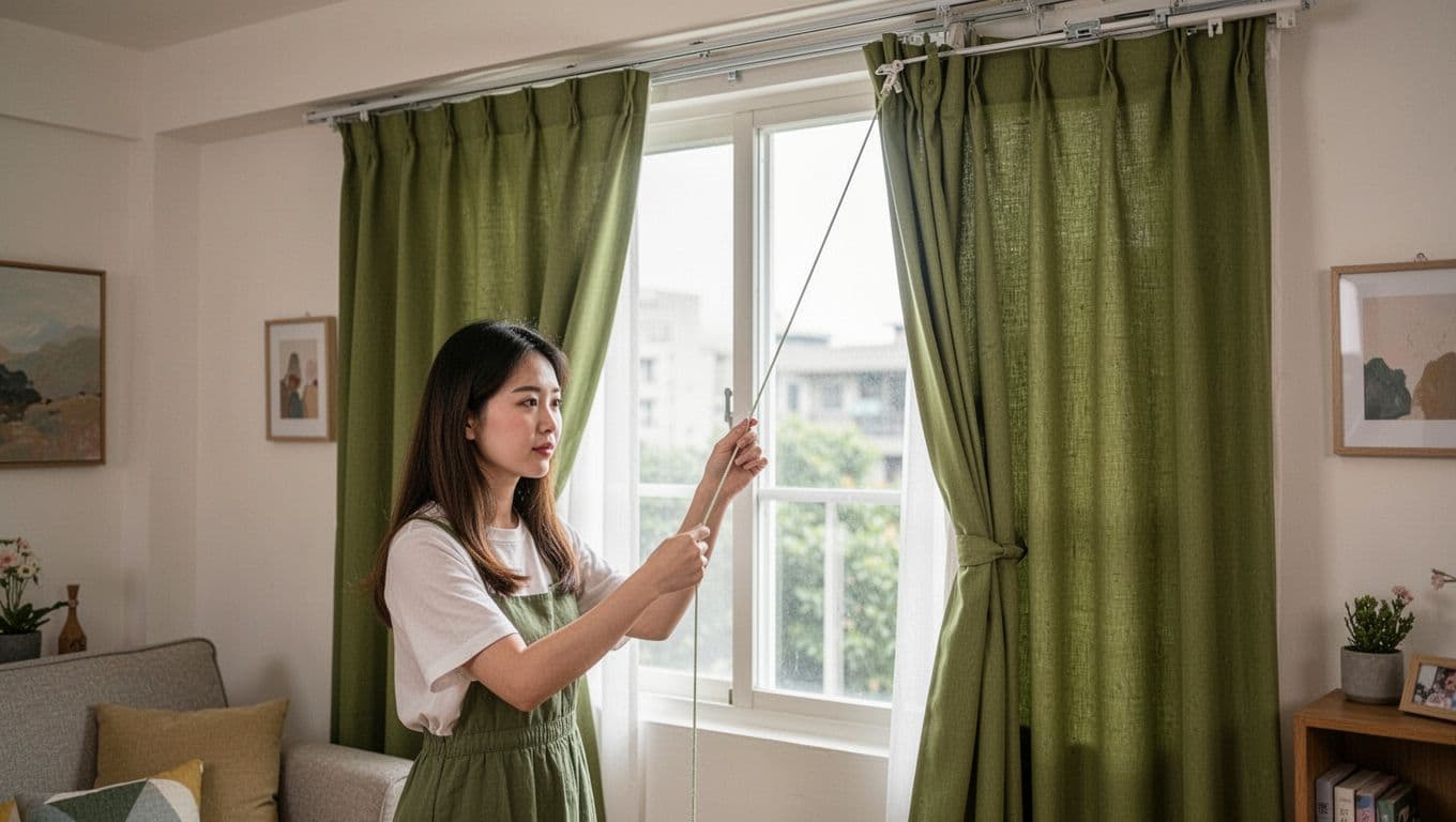 訂製窗簾報價要不要含到貨檢查?品質確認全指南 A young Taiwanese woman in her cozy living room tests custom green curtains by gently pulling the cord, showcasing smooth track operation and durable fabric under natural daylight.