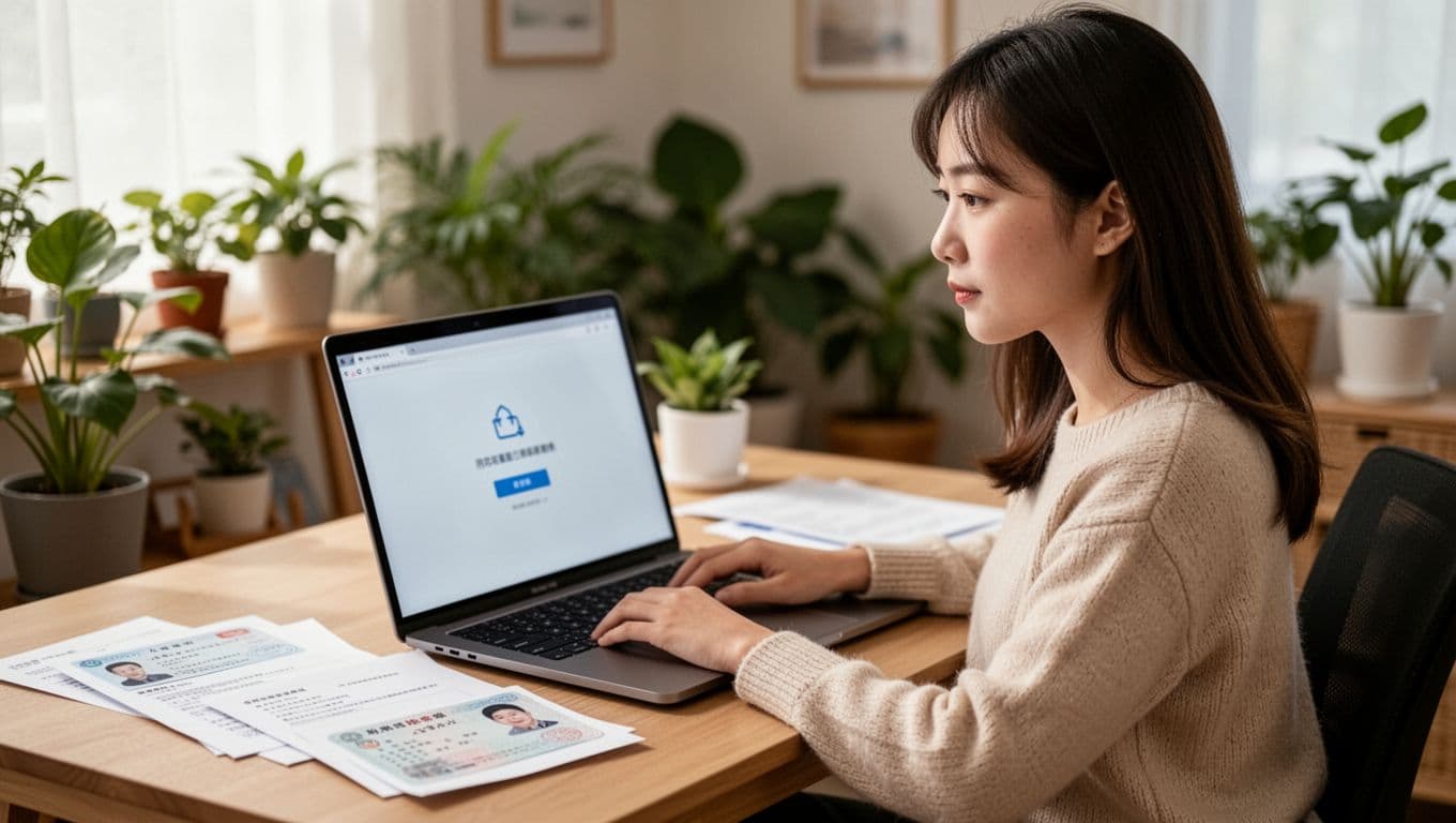 A young Taiwanese woman in a home office setting during daytime, focused on uploading documents for labor insurance transfer via a laptop. Scattered insurance papers surround her desk, with soft natural light and plants enhancing the relaxed professional mood.