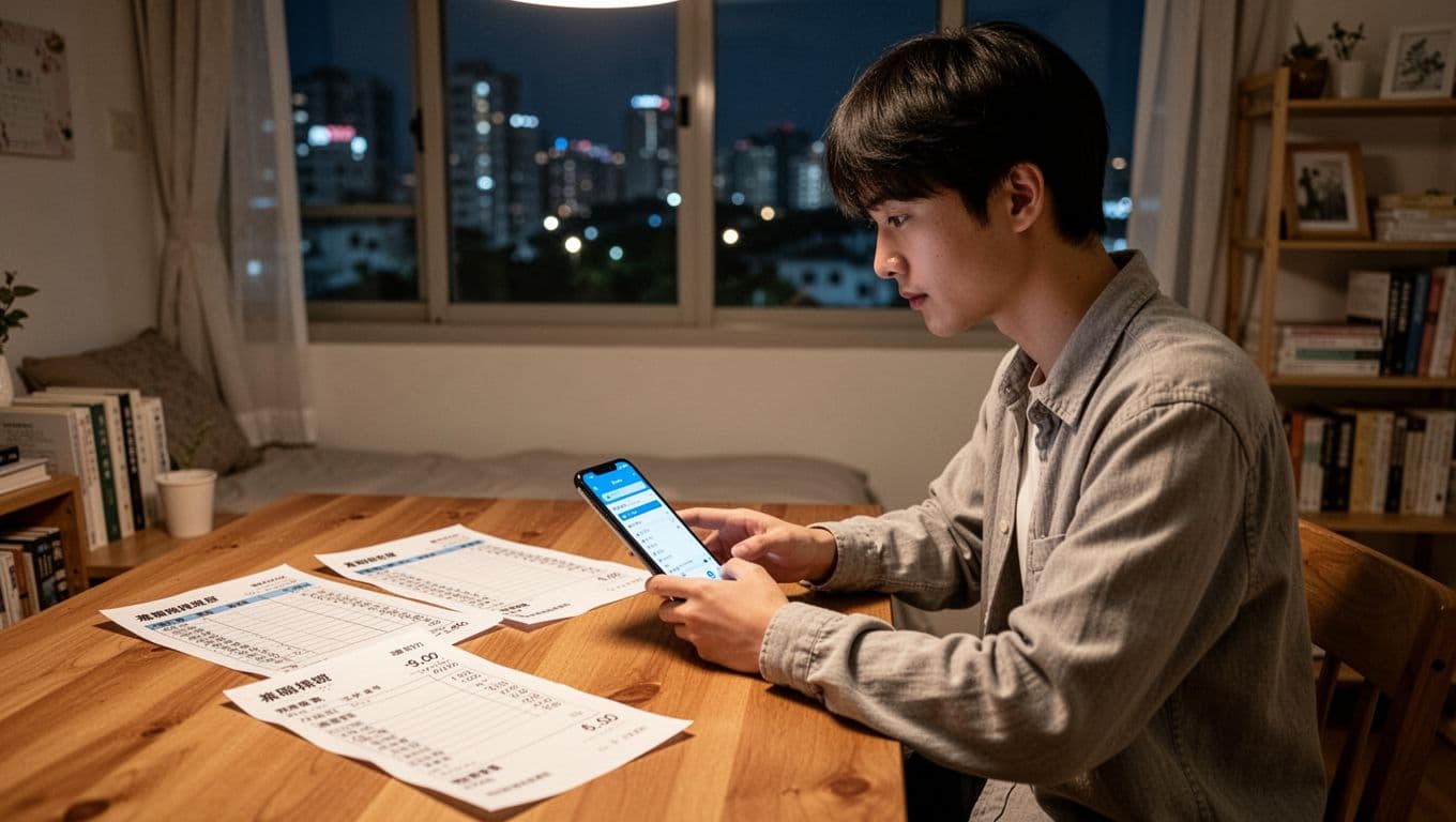 A young Taiwanese office worker sits at a simple home desk using his phone to check labor insurance details, with two part-time job schedules and pay stubs on the desk. The background features a warm home environment and a Taiwan urban nightscape outside the window, in a realistic photography style with soft lighting.