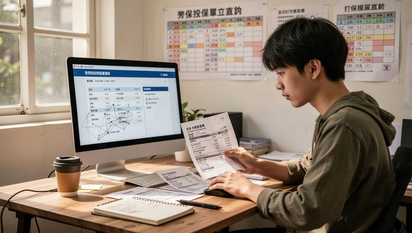 A young Taiwanese working professional sits at a simple desk, carefully checking a payslip and labor insurance query on the computer screen, surrounded by coffee, notes, and a cozy studio with natural light.