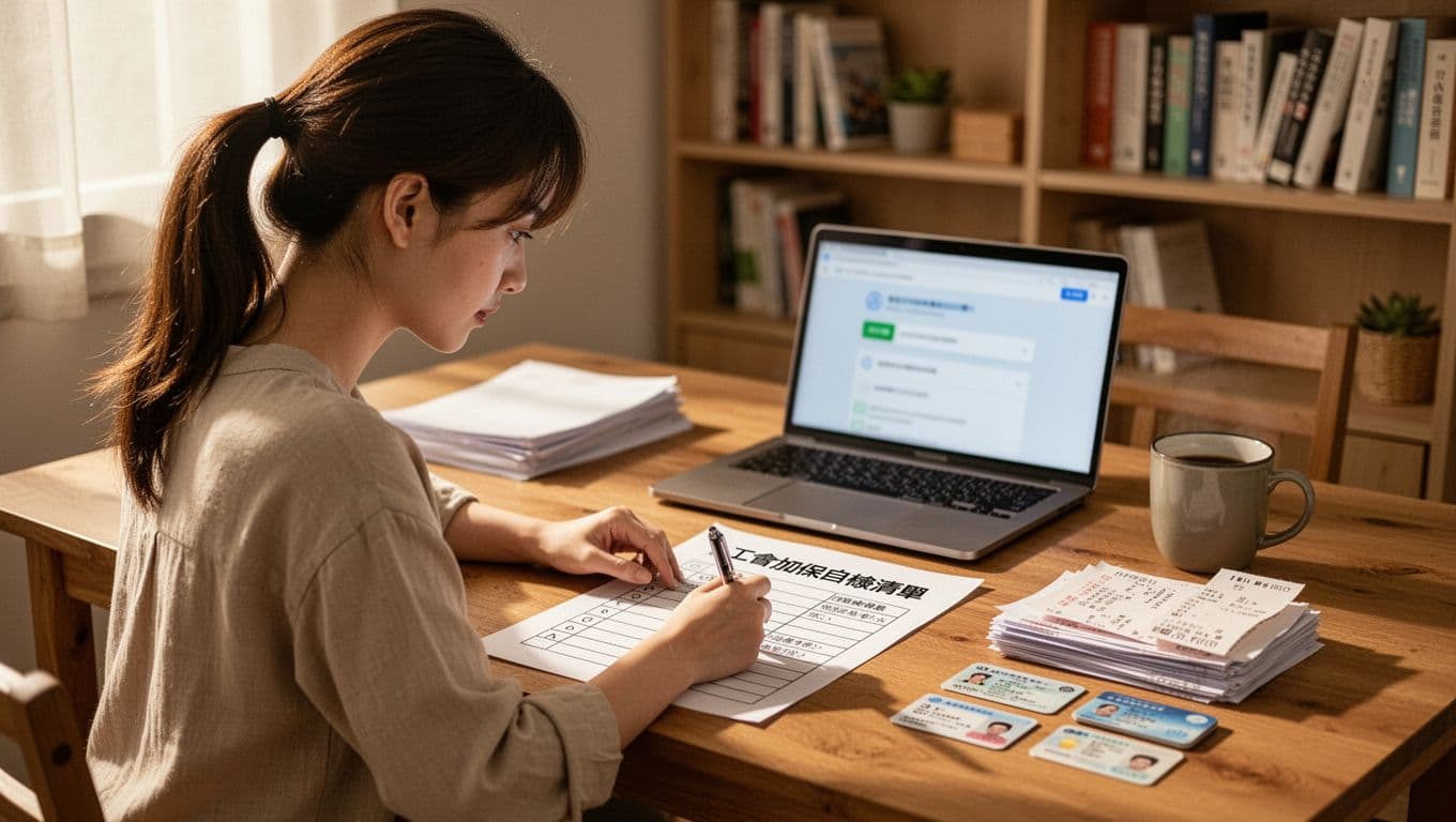 工會加保期間最容易忽略的10個小細節 A young woman with a ponytail sits relaxed at a wooden desk in a warm-lit Taiwanese home office, marking items on a printed checklist titled '工會加保自檢清單' while a blurred laptop shows an insurance query nearby.