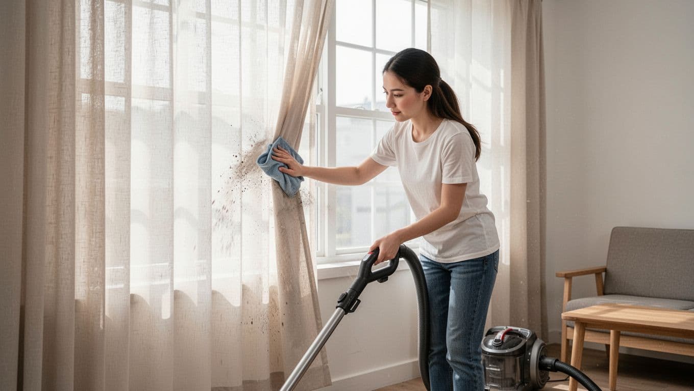 A young woman in her living room gently cleans custom curtains using a vacuum for dust and a soft cloth to wipe the fabric. Half-drawn light cotton curtains frame bright windows and simple furniture in soft natural light, evoking a clean and comfortable atmosphere.