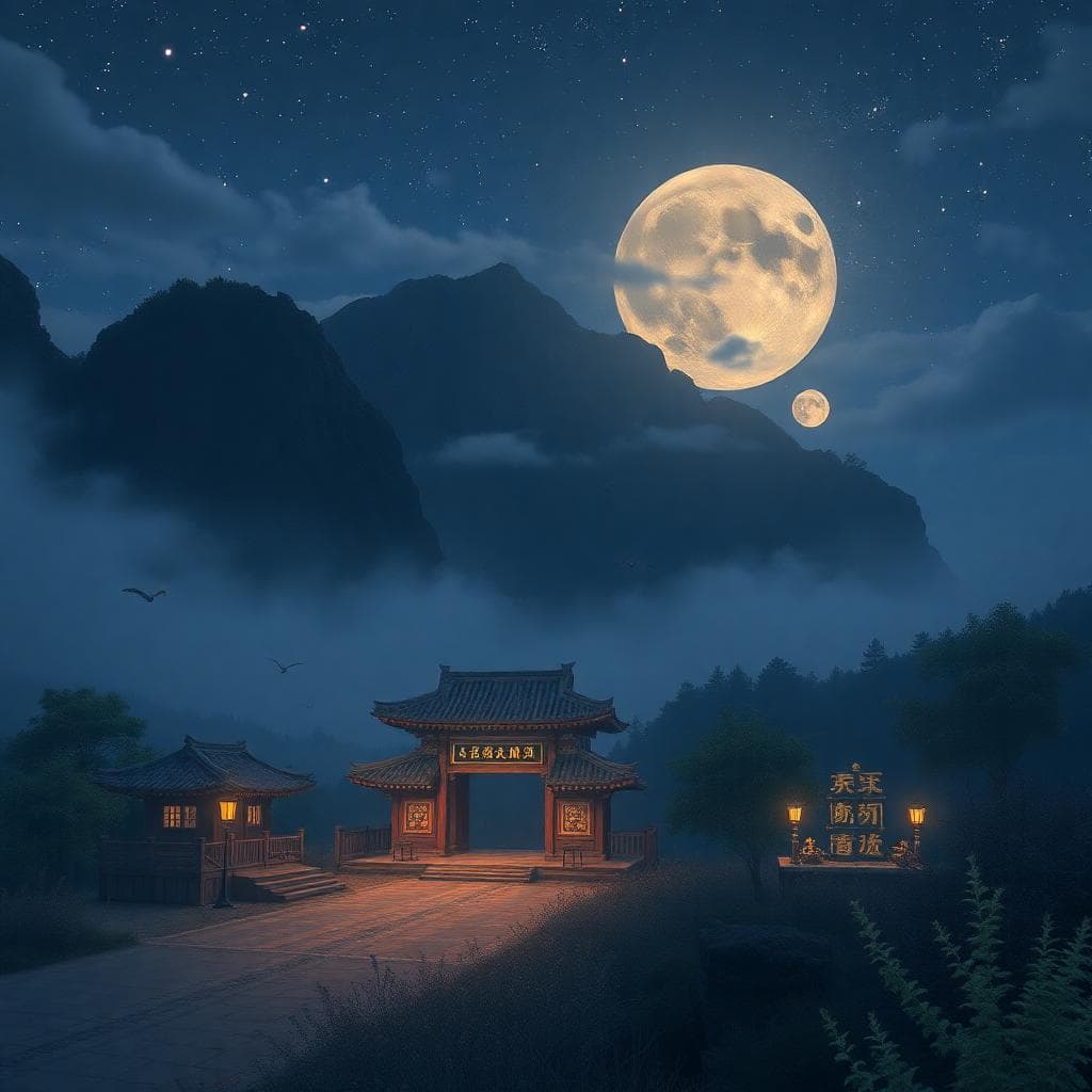 A young person standing on a mountaintop gazing at a full moon in the night sky, surrounded by Sagittarius archer constellation patterns, with an optimistic smile but slightly thoughtful eyes, symbolizing inner freedom and emotional depth. Background features vast mountains and starry sky full of adventure vibe, foreground focuses on the figure and moonlight, in warm fantasy art style, colors mainly orange-red and blue-purple, no text.